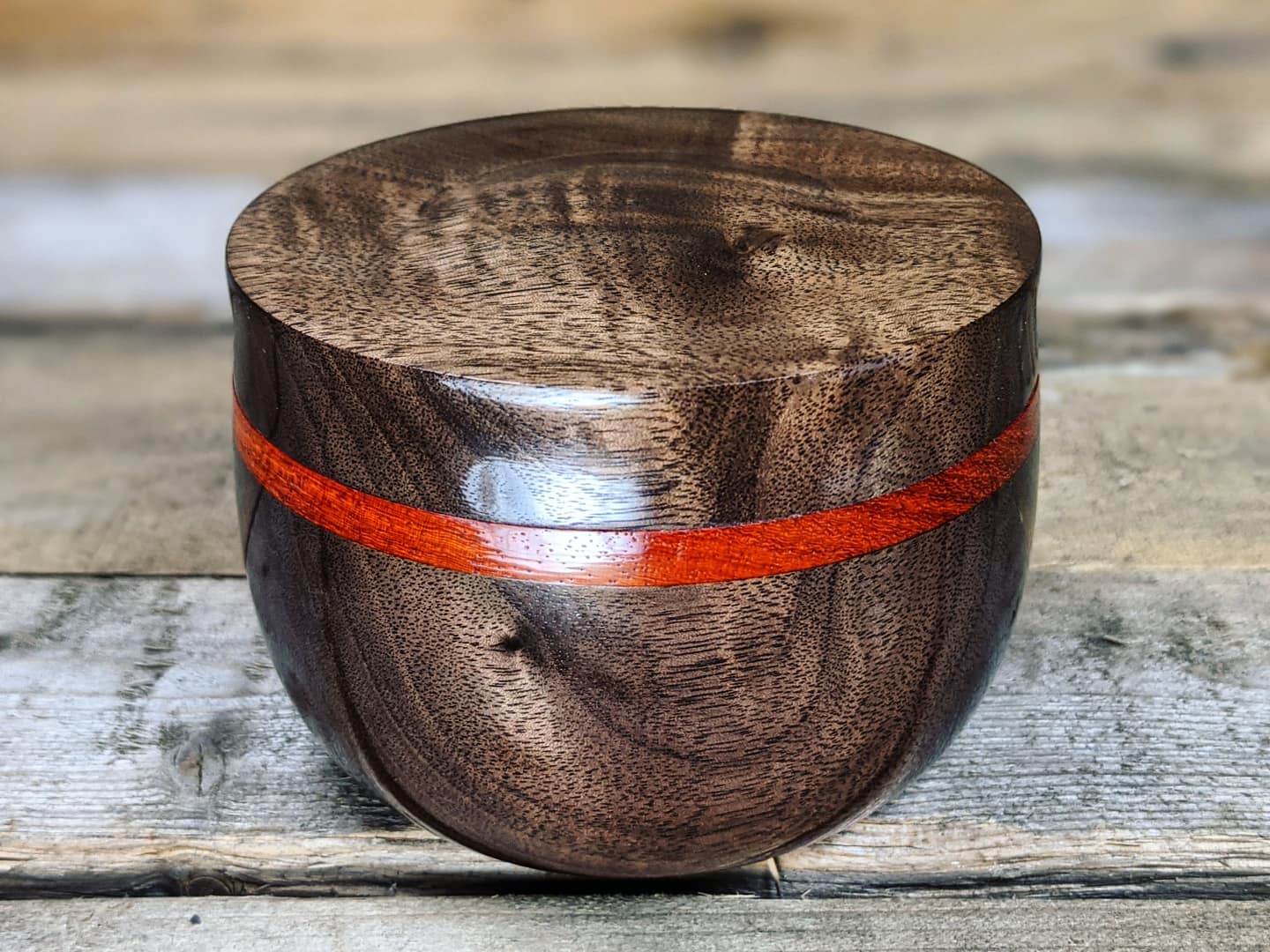 Black walnut lidded pot with padauk collar