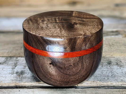 Black walnut lidded pot with padauk collar