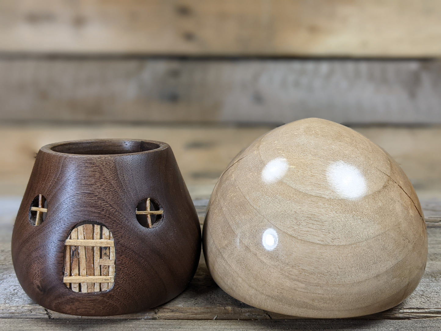 Button topped silver maple and black walnut gnome home