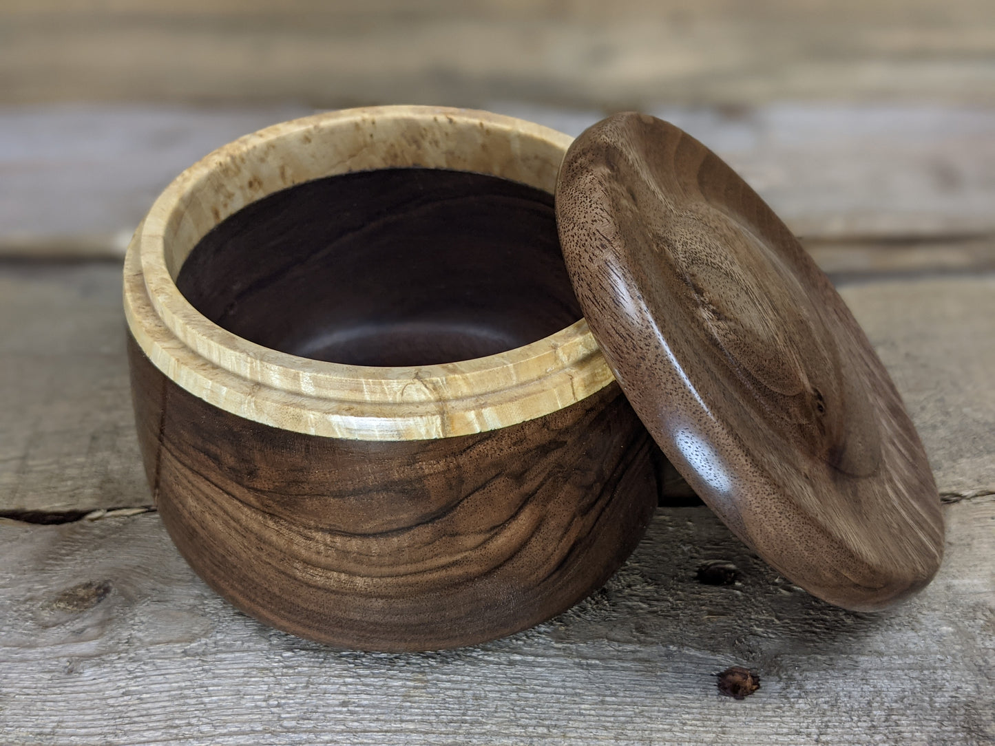 Black walnut lidded pot with maple burl collar