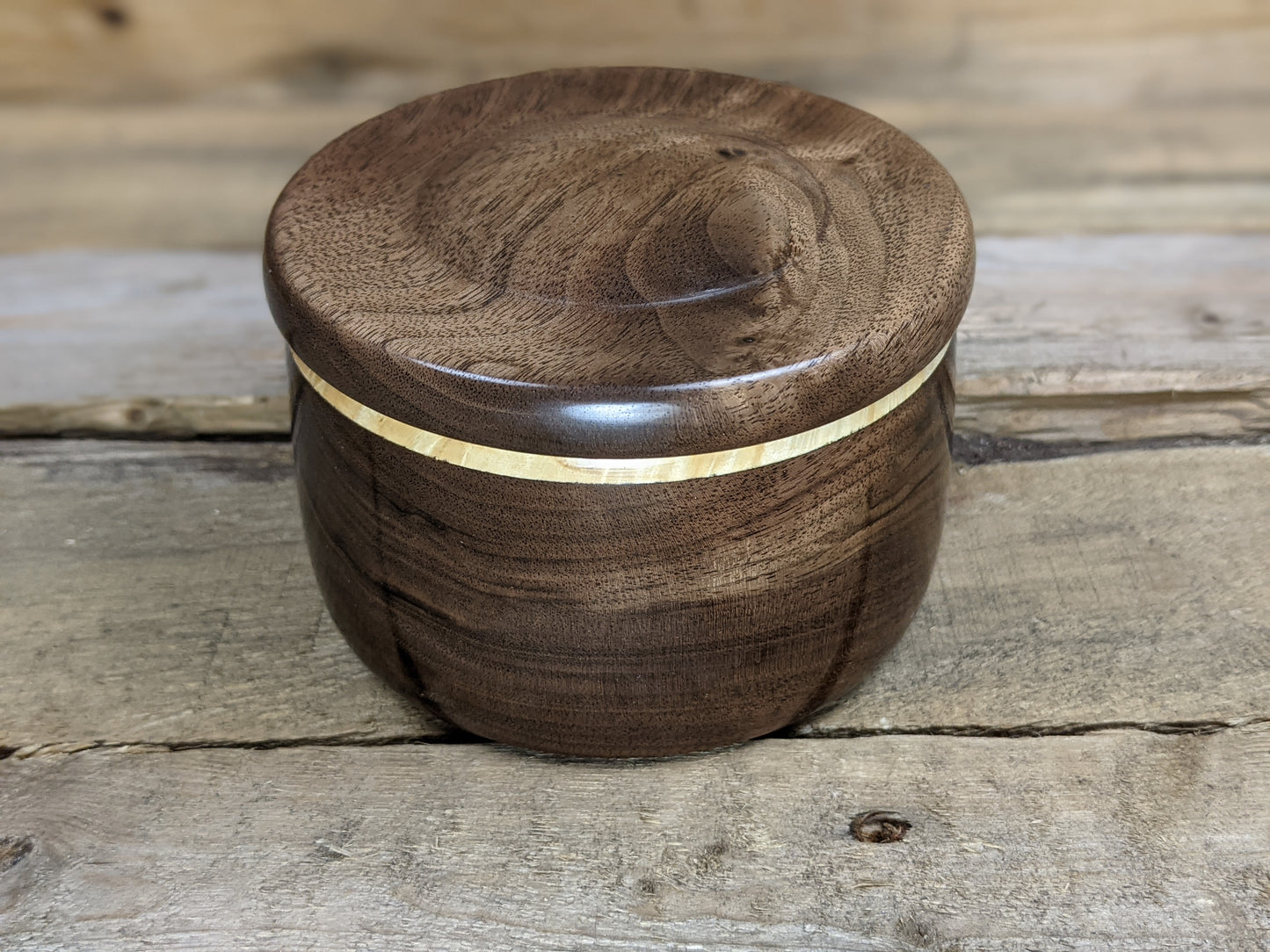 Black walnut lidded pot with maple burl collar