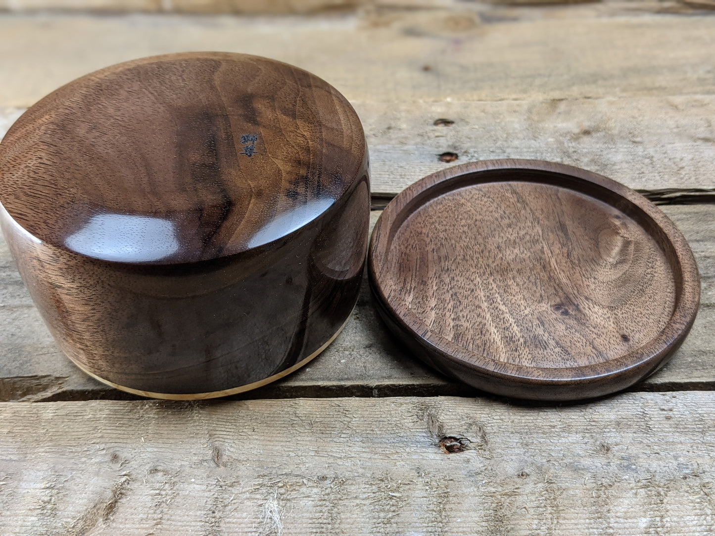 Black walnut lidded pot with maple burl collar