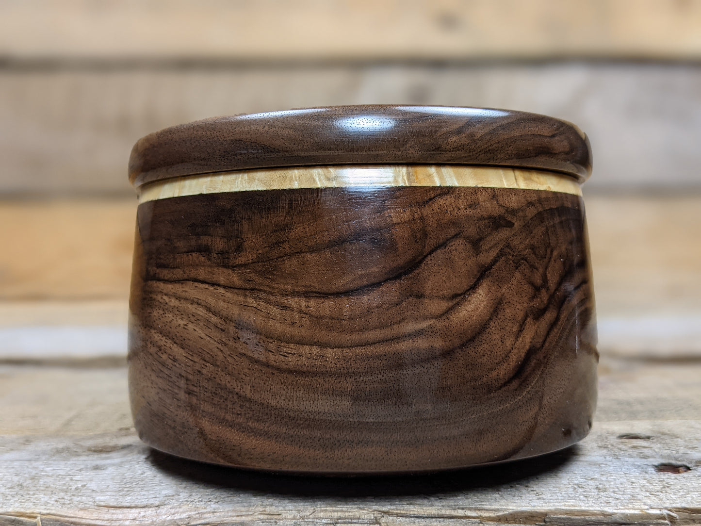 Black walnut lidded pot with maple burl collar