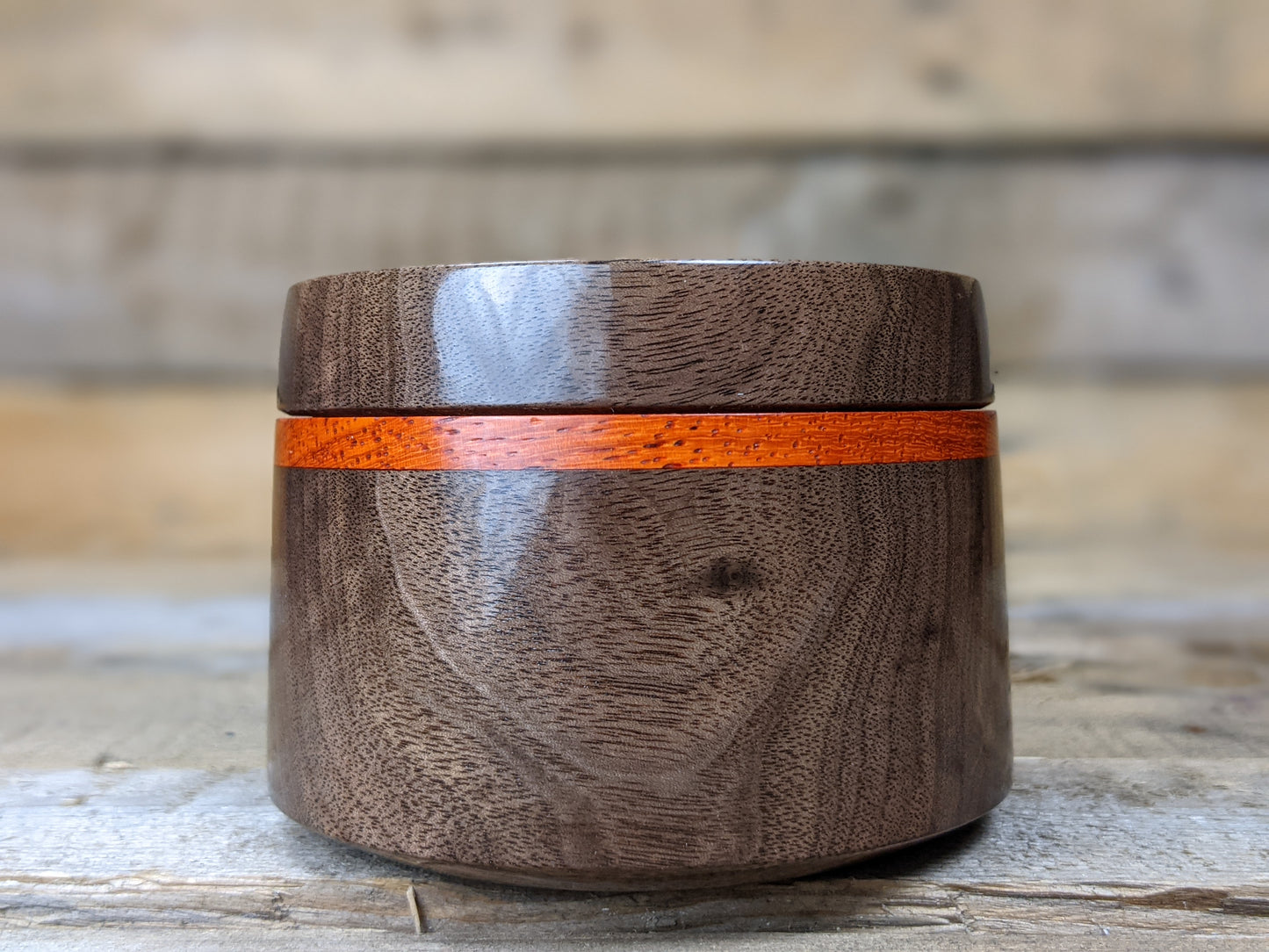 Black walnut lidded pot with padauk collar