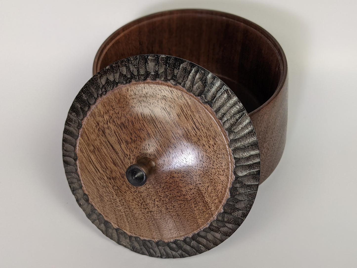 Textured lidded black walnut pot