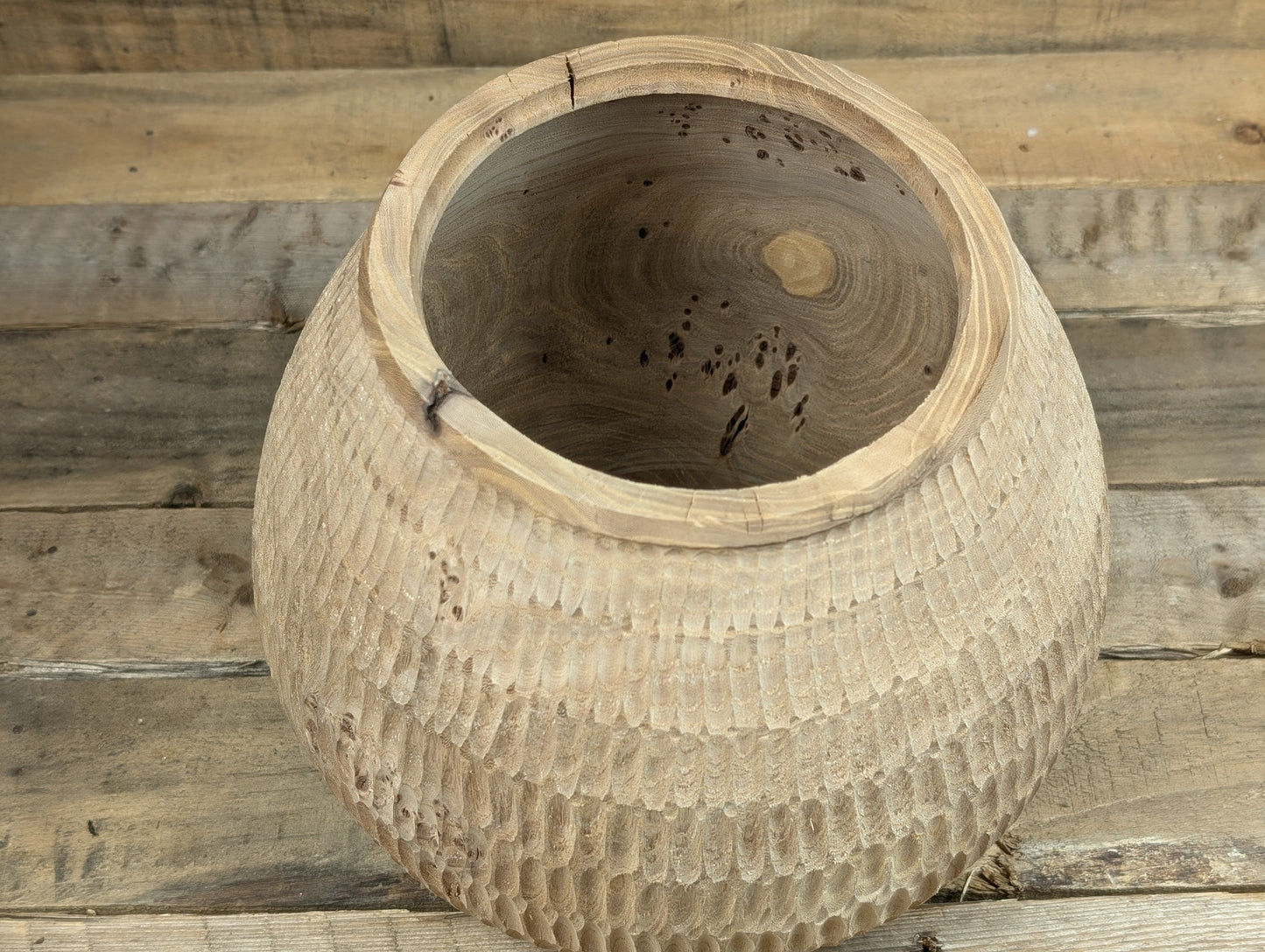 Large rustic hand carved burr elm form