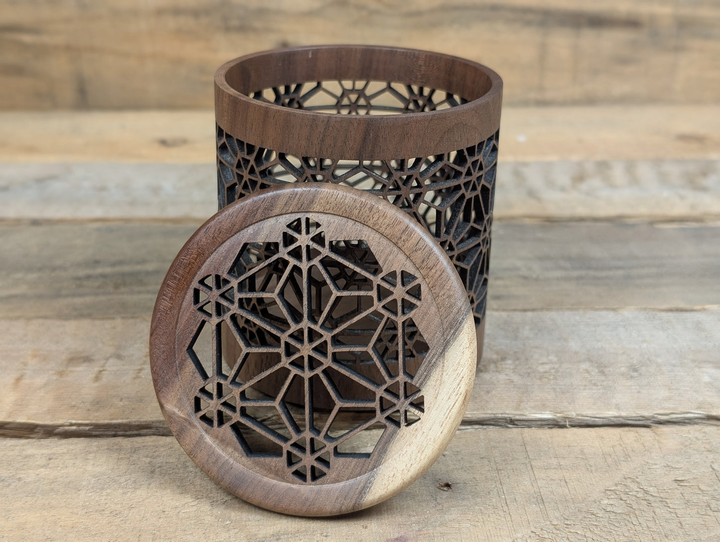 Laser cut kumiko style lidded pot