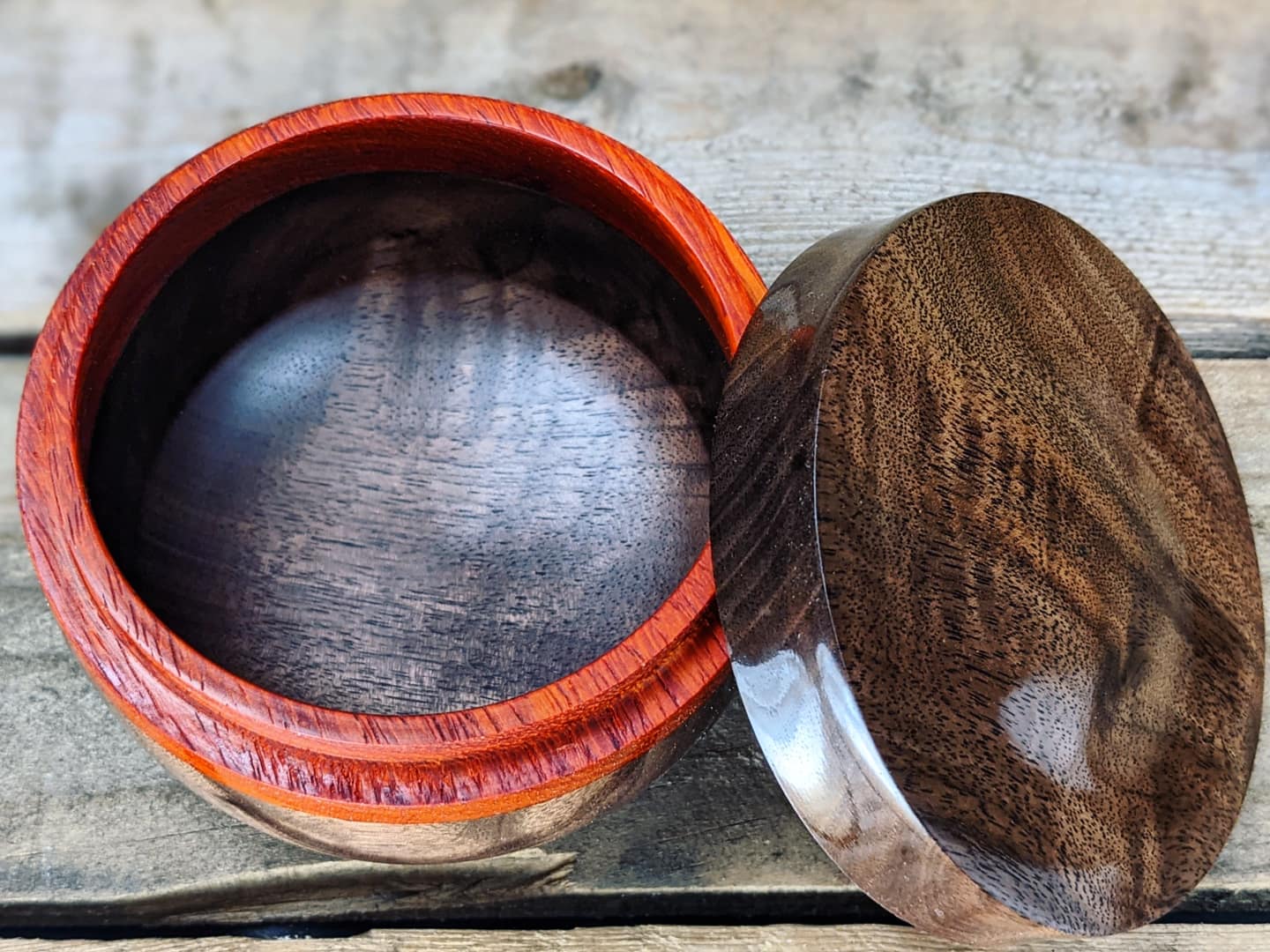 Black walnut lidded pot with padauk collar