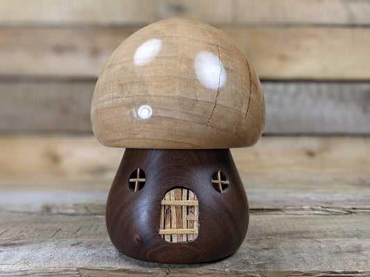 Button topped silver maple and black walnut gnome home