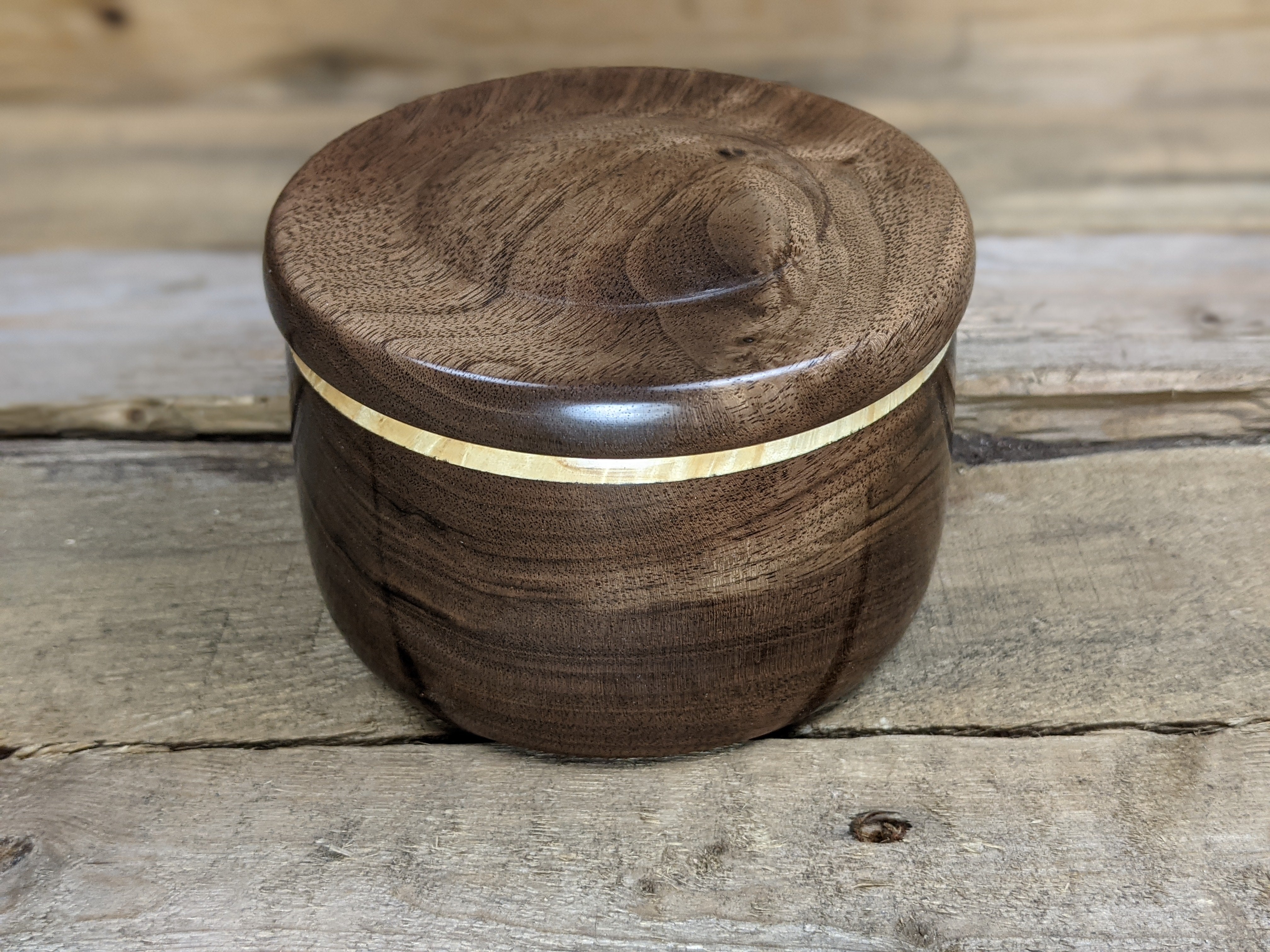Black walnut lidded pot with maple burl collar